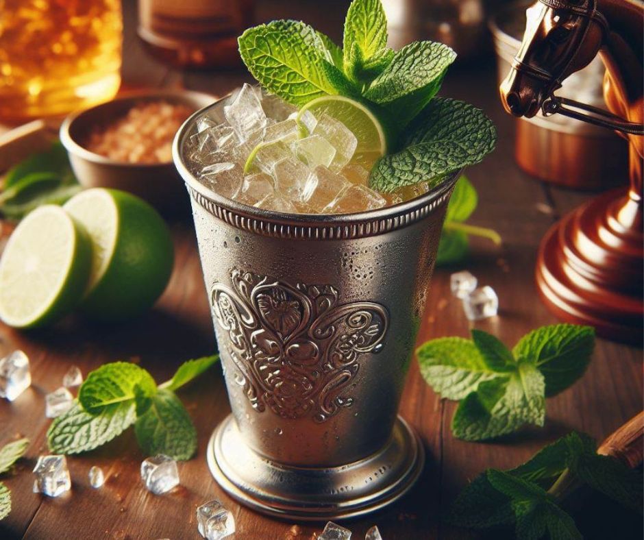 picture of a classic mint julep in a traditional mint julep cup